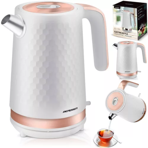 Vízforraló, Berdsen BD-705, 1700 ml, fehér-réz, 1850-2200 W, fém ház, szárazonforrás elleni védelem, 360°-os talp, világító kapcsoló, kivehető vízkőszűrő