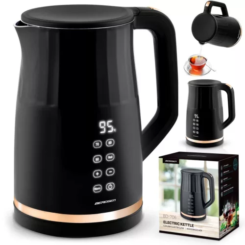 Vízforraló, Berdsen BD-706, 1700 ml, fekete, 1850-2200 W, fém ház, érintőpaneles hőfokbeállítás, melegen tartás 2 óráig, 360°-os talp, hőmérővel
