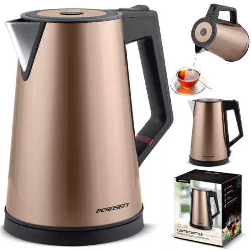 Vízforraló, Berdsen BD-708, 1700 ml, réz, 1850-2200 W, duplafalú, szárazonforrás elleni védelem, nem melegedő burkolat, melegen tartás 2 óráig, 360°-os talp