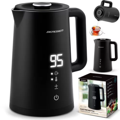 Vízforraló, Berdsen BD-709, 1700 ml, fekete, 1850-2200 W, duplafalú, érintőpaneles hőfokbeállítás, nem melegedő fogantyú, melegen tartás 2 óráig, 360°-os talp, hőmérővel