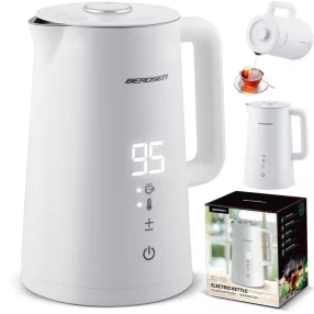   Vízforraló, Berdsen BD-709, 1700 ml, fehér, 1850-2200 W, duplafalú, érintőpaneles hőfokbeállítás, nem melegedő fogantyú, melegen tartás 2 óráig, 360°-os talp, hőmérővel