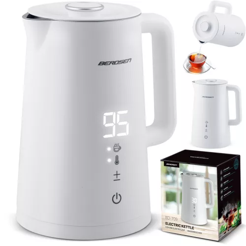 Vízforraló, Berdsen BD-709, 1700 ml, fehér, 1850-2200 W, duplafalú, érintőpaneles hőfokbeállítás, nem melegedő fogantyú, melegen tartás 2 óráig, 360°-os talp, hőmérővel