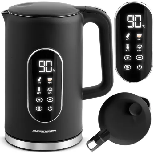 Vízforraló, Berdsen BD-712, 1700 ml, fekete-ezüst, 1850-2200 W, érintőpaneles hőfokbeállítás, fém ház, melegen tartás 3 óráig, duplafalú, 360°-os talp, hőmérővel