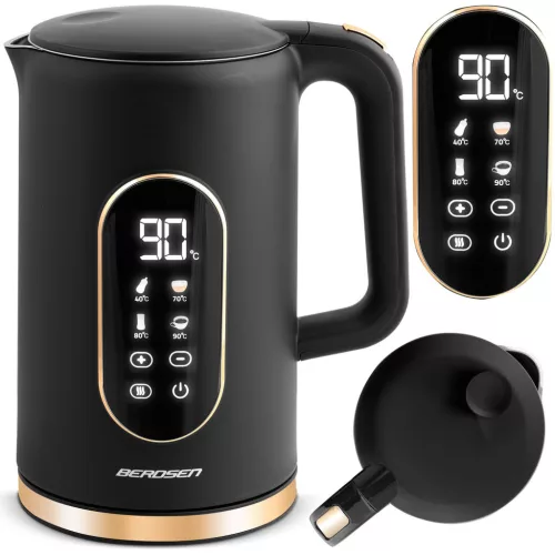 Vízforraló, Berdsen BD-712, 1700 ml, fekete-arany, 1850-2200 W, érintőpaneles hőfokbeállítás, fém ház, melegen tartás 3 óráig, duplafalú, 360°-os talp, hőmérővel