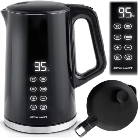   Vízforraló, Berdsen BD-713, 1700 ml, fekete-ezüst, 1850-2200 W, érintőpaneles hőfokbeállítás, duplafalú, acél ház, szárazonforrás elleni védelem, 360°-os talp, hőmérővel