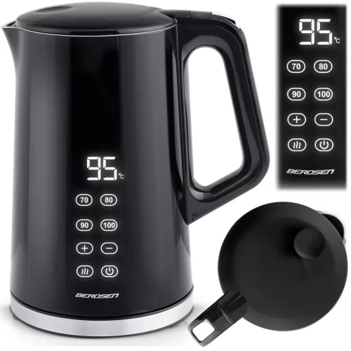 Vízforraló, Berdsen BD-713, 1700 ml, fekete-ezüst, 1850-2200 W, érintőpaneles hőfokbeállítás, duplafalú, acél ház, szárazonforrás elleni védelem, 360°-os talp, hőmérővel
