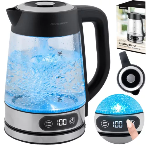 Vízforraló, Berdsen BD-715, 1800 ml, átlátszó, 1850-2200 W, érintőpaneles hőfokbeállítás, fém/üveg ház, szárazonforrás elleni védelem, 360°-os talp, hőmérővel