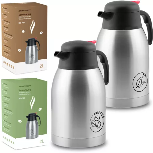 Termosz kancsó készlet, Berdsen BD-780, 2 x 2000 ml, 2 db, ezüst, rozsdamentes acél, duplafalú, meleg és hideg italokhoz, 12 órás hőmegtartás, kávéhoz és teához
