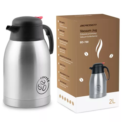 Termosz kancsó, Berdsen BD-780, 2000 ml, ezüst, rozsdamentes acél, duplafalú, meleg és hideg italokhoz, 12 órás hőmegtartás, kávéhoz