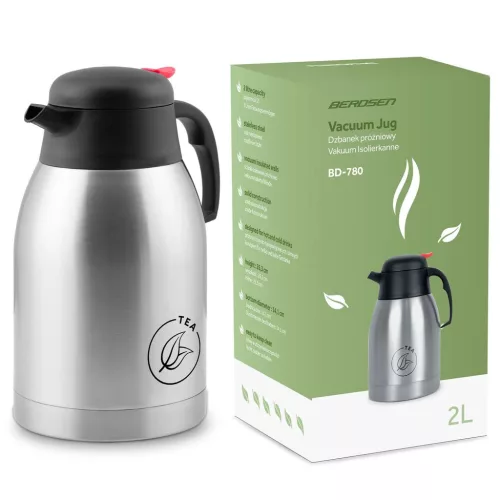 Termosz kancsó, Berdsen BD-780, 2000 ml, ezüst, rozsdamentes acél, duplafalú, meleg és hideg italokhoz, 12 órás hőmegtartás, teához