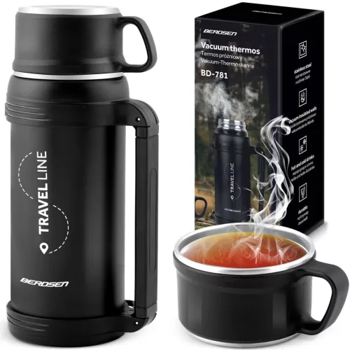 Termosz, Berdsen BD-781, 1500 ml, fekete, rozsdamentes acél, duplafalú, meleg és hideg italokhoz, 12 órás hőmegtartás