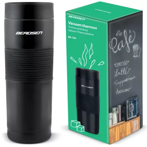 Termosz, Berdsen BD-784, 590 ml, fekete, rozsdamentes acél, duplafalú, szívószálas, meleg és hideg italokhoz, 12 órás hőmegtartás