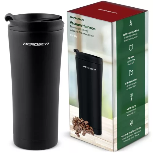 Termosz, Berdsen BD-785, 470 ml, fekete, rozsdamentes acél, duplafalú, meleg és hideg italokhoz, 12 órás hőmegtartás