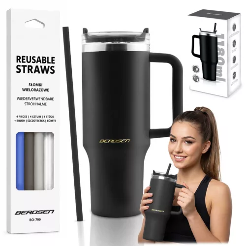 Termosz, Berdsen, 1180 ml, fekete, rozsdamentes acél, szívószálas, meleg és hideg italokhoz, 378900 4 db-os szívószál készlettel