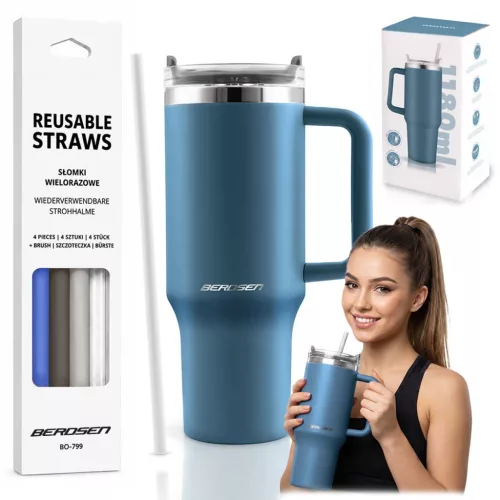 Termosz, Berdsen, 1180 ml, sötétkék, rozsdamentes acél, szívószálas, meleg és hideg italokhoz, 378900 4 db-os szívószál készlettel