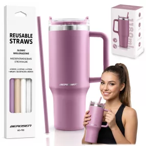   Termosz, Berdsen, 1180 ml, rózsaszín, rozsdamentes acél, szívószálas, meleg és hideg italokhoz, 378901 4 db-os szívószál készlettel
