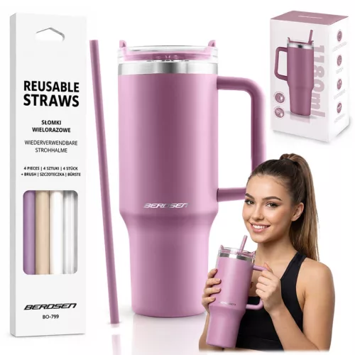 Termosz, Berdsen, 1180 ml, rózsaszín, rozsdamentes acél, szívószálas, meleg és hideg italokhoz, 378901 4 db-os szívószál készlettel