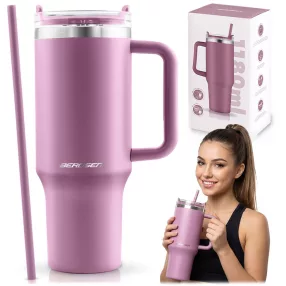   Termosz, Berdsen, 1180 ml, rózsaszín, rozsdamentes acél, szívószálas, meleg és hideg italokhoz