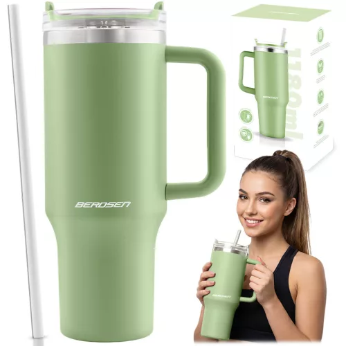 Termosz, Berdsen, 1180 ml, zöld, rozsdamentes acél, szívószálas, meleg és hideg italokhoz