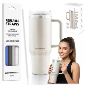   Termosz, Berdsen, 1180 ml, krémszínű, rozsdamentes acél, szívószálas, meleg és hideg italokhoz, 378900 4 db-os szívószál készlettel