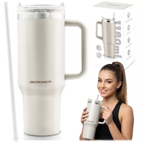 Termosz, Berdsen, 1180 ml, krémszínű, rozsdamentes acél, szívószálas, meleg és hideg italokhoz