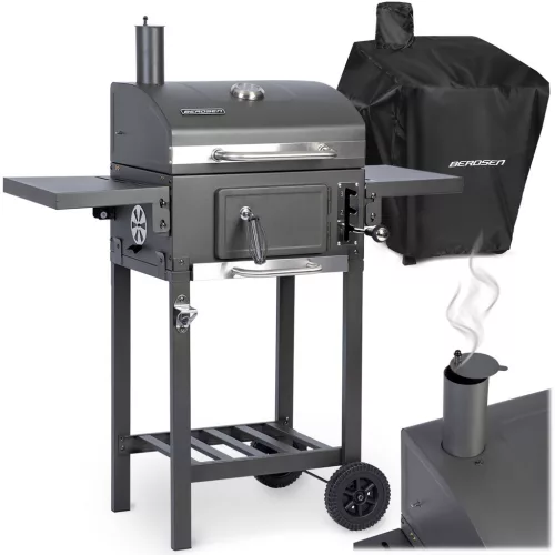 Faszenes grill, Berdsen BD-892, antracit, acél, 110 x 96 x 35 cm, kétrészes öntöttvas rács: 42 x 31,5 cm, kerekek, 389190 vízlepergető védőponyvával