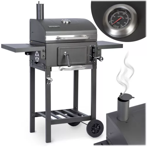Faszenes grill, Berdsen BD-892, antracit, acél, 110 x 96 x 35 cm, kétrészes öntöttvas rács: 42 x 31,5 cm, kerekek