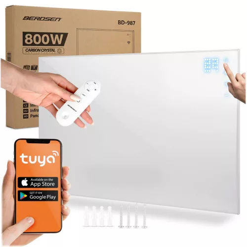 Elektromos fűtőpanel, Berdsen BD-987, fehér, 800 W, 100 x 80 x 1,2 cm, Wi‑Fi (Tuya) és távirányító, érintőpanel, beépített termosztát, időzítő: 1-9 óra