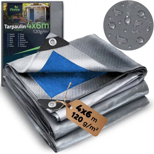 Takaróponyva, Plonos PL-500, 4 x 6 m, 120 g/m2, ezüst-kék, HDPE, vízálló, UV-álló, fagyálló, acél ringlik, erősített szegély, kétoldalas