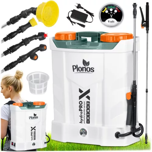 Akkumulátoros permetező, Plonos PL-602, szürke, 16 l, háti pántos, 12 V 8,0 Ah, 4 fúvóka, PE tartály, akkumulátorrral és töltővel