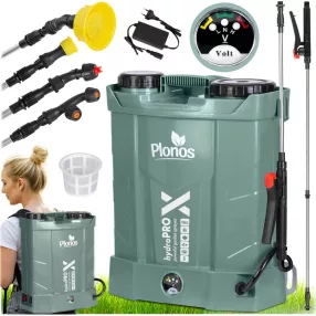   Akkumulátoros permetező, Plonos PL-602, sötétzöld, 16 l, háti pántos, 12 V 8,0 Ah, 4 fúvóka, PE tartály, akkumulátorrral és töltővel