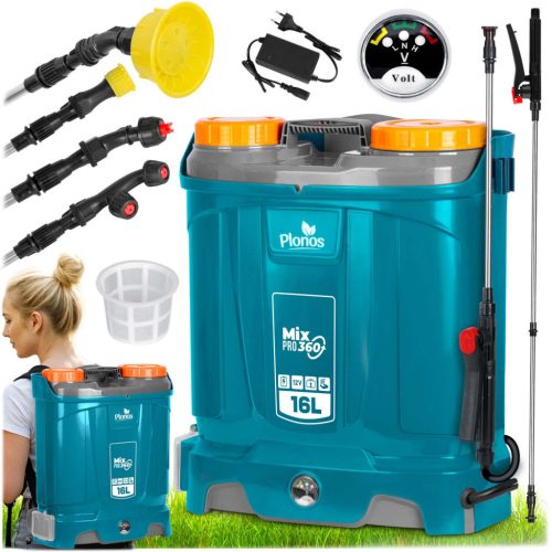 Akkumulátoros permetező, Plonos PL-604, kék, 16 l, háti pántos, 12 V 8,0 Ah, 4 fúvóka, PE tartály, akkumulátorral és töltővel