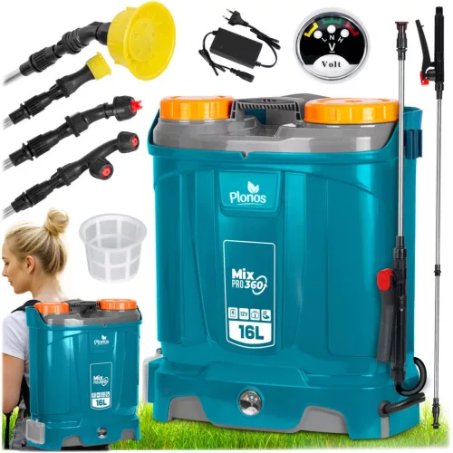 Akkumulátoros permetező, Plonos PL-604, kék, 16 l, háti pántos, 12 V 8,0 Ah, 4 fúvóka, PE tartály, akkumulátorral és töltővel