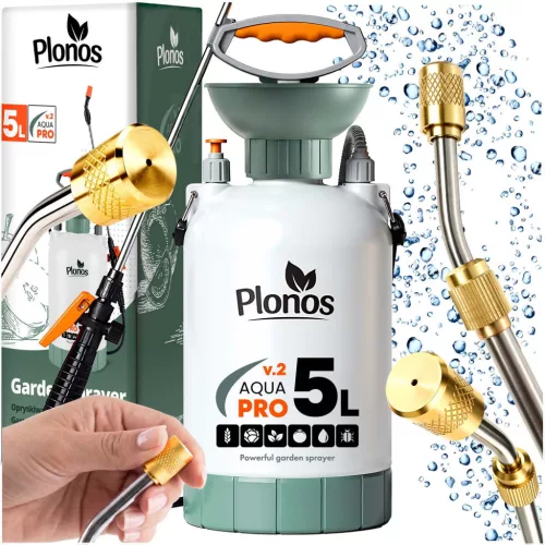Kézi permetező, Plonos PL-605, fehér/zöld, 5 l, nyomásos kialakítás, állítható fúvóka, PE tartály