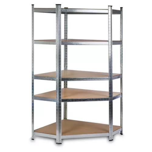 Műhelypolc, Humberg HR-817, ezüst, 180 x 90 x 40 cm, sarok, 5 polcos, acél, MDF polcalpok, állítható polcmagasság, teherbírás: 175 kg/polc