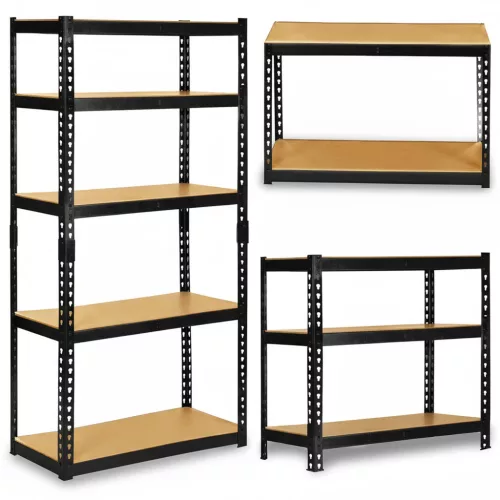 Műhelypolc, Humberg HR-854, fekete, 183 x 90 x 40 cm, 5 polcos, acél, MDF polclapok, állítható polcmagasság, teherbírás: 265 kg/polc