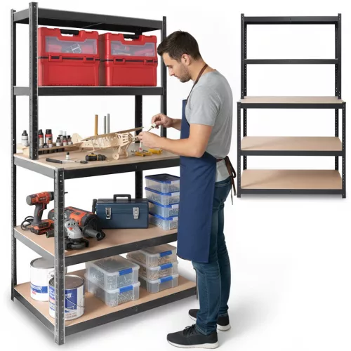 Műhelypolc, Humberg HR-855, fekete, 180 x 100 x 60 cm, 5 polcos, acél, MDF polclapok, állítható polcmagasság, teherbírás: 265 kg/polc