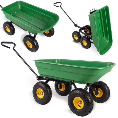 Négykerekű kocsi, Humberg 4870, zöld, 52 l, 200 kg teherbírás, billenős, acél váz, műanyag teknő, kormányozható tengely, felfújható kerekek