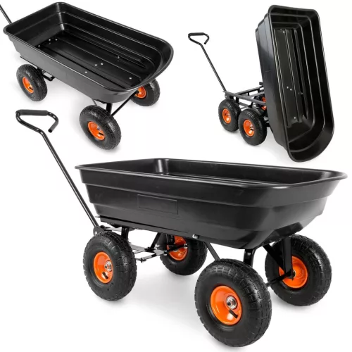 Négykerekű kocsi, Humberg 4872, fekete, 75 l, 300 kg teherbírás, billenős, acél váz, műanyag teknő, kormányozható tengely, felfújható kerekek, narancssárga felni