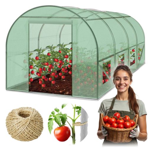 Fóliasátor vázzal, Plonos 4915-B, zöld, 200 x 450 x 200 cm, bejárható, 9 m2, UV4 védelem, 140 g/m2 PE fólia, 8 ablak, szúnyoghálóval, fém váz, cipzáras bejárat