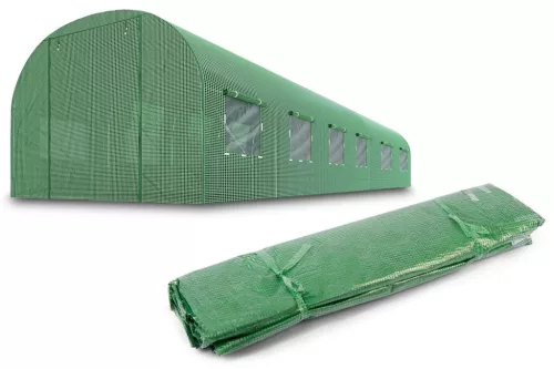 Fóliasátor cserefólia, Plonos 4918-F, zöld, 300 x 600 x 200 cm, bejárható, 18 m2, UV4 védelem, 140 g/m2 PE fólia, 12 ablak, szúnyoghálóval, cipzáras bejárat