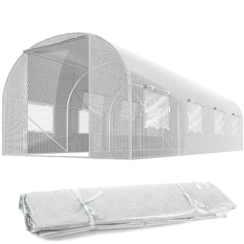 Fóliasátor cserefólia, Plonos 4975-F, fehér, 300 x 450 x 200 cm, bejárható, 13,5 m2, UV4 védelem, 140 g/m2 PE fólia, 8 ablak, szúnyoghálóval, cipzáras bejárat
