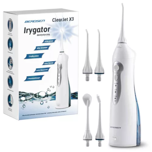 Akkumulátoros szájzuhany, Berdsen ClearJet X3, fehér, 3 üzemmód, 150 ml, impulzusok száma: 1400/perc, maximum 6,2 bar, 360°-os fej, IPX7 vízálló