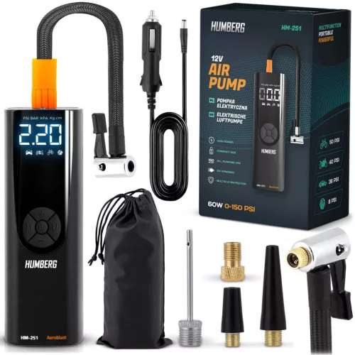 Elektromos pumpa, Humberg HM-251, 60 W, 12 V szivargyújtós, LED kijelző, automatikus leállítás, beépített zseblámpa, SOS mód (TE525100)