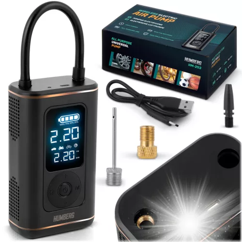Akkumulátoros pumpa, Humberg HM-253, vezeték nélküli, 2500 mAh, LED kijelző, USB-C töltés, automatikus leállás, beépített zseblámpa, SOS mód (TE525300)