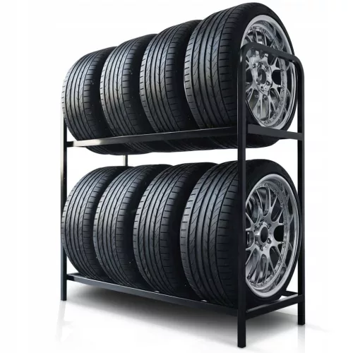 Gumiabroncs tartóállvány, Humberg HM-386, fekete, 120 x 109 x 45 cm, 2 polcos, 8 db kapacitás, acél és alumínium, teherbírás: 150 kg/polc