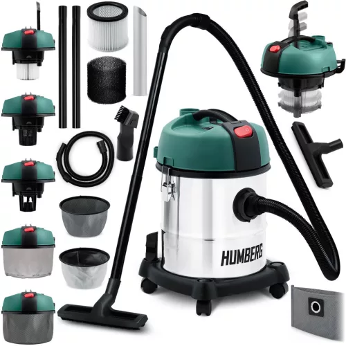 Ipari száraz-nedves porszívó, Humberg HM-400, ezüst, 1200 W, 16 kPa, tartály: 20 l, 1,8 m szívótömlő, HEPA szűrő, tápkábel: 345 cm