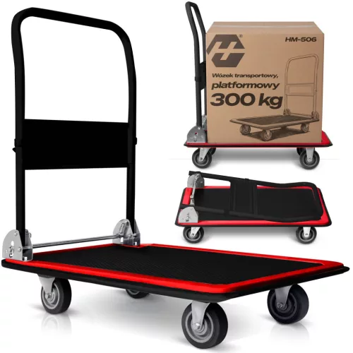 Kézikocsi, Humberg HM-506, fekete/piros, 90 x 87 x 60 cm, acél váz, csúszásgátló PVC platform, lehajtható fogantyú, teherbírás: 300 kg