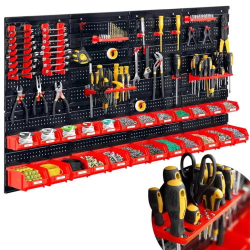 Fali szerszámtartó panel, Humberg HM-580, fekete/piros, 128 x 76 cm, 6 db panel, 54 db kiegészítő (tárolók, kampók, polcok, kulcstartók) (TE558000)