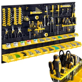   Fali szerszámtartó panel, Humberg HM-580, fekete/sárga, 128 x 76 cm, 6 db panel, 54 db kiegészítő (tárolók, kampók, polcok, kulcstartók) (TE558001)